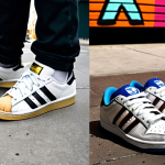 **

*   **Subject:** A split image. On the left, an Adidas Originals Superstar sneaker, slightly worn, resting on concrete in a vibrant, diverse urban setting (think street art, bustling sidewalks). Focus on the iconic shell toe and three stripes. On the right, a brand new Nike SB Dunk Low, showcasing its textured materials and unique paneling, positioned on a skateboard deck, wheels visible, hinting at an action shot.
*   **Style:** High-contrast, street photography. Emphasis on textures (worn leather vs. fresh materials).
*   **Keywords:** Adidas, Superstar, Nike SB, Dunk Low, sneakers, streetwear, skateboarding, urban, contrast, split image.

**