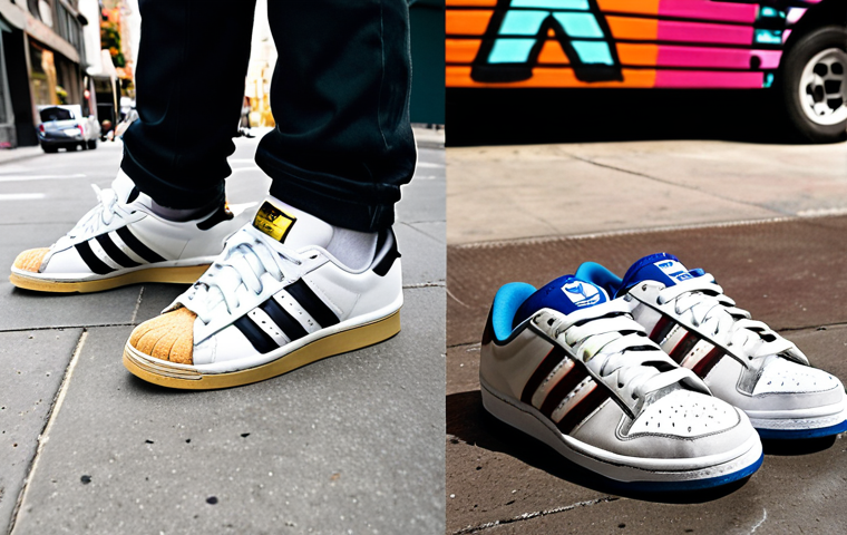 **
* **Subject:** A split image. On the left, an Adidas Originals Superstar sneaker, slightly worn, resting on concrete in a vibrant, diverse urban setting (think street art, bustling sidewalks). Focus on the iconic shell toe and three stripes. On the right, a brand new Nike SB Dunk Low, showcasing its textured materials and unique paneling, positioned on a skateboard deck, wheels visible, hinting at an action shot.
* **Style:** High-contrast, street photography. Emphasis on textures (worn leather vs. fresh materials).
* **Keywords:** Adidas, Superstar, Nike SB, Dunk Low, sneakers, streetwear, skateboarding, urban, contrast, split image.
**